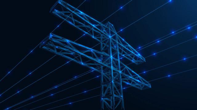 Digital rendering of a transmission tower and lines with blue glowing dots on a dark background